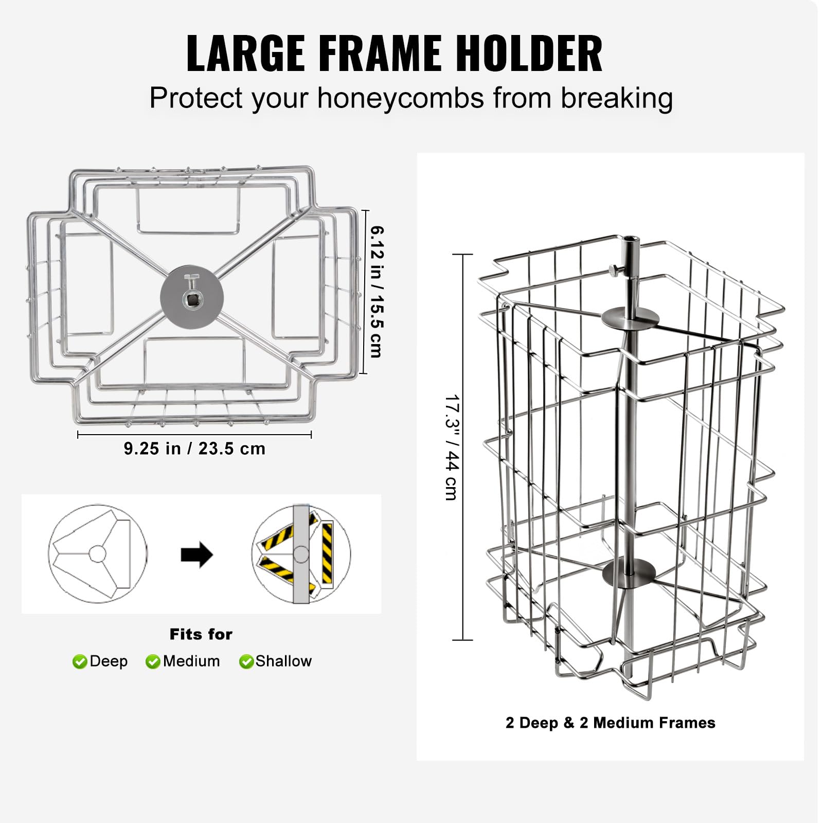 VEVOR frame rack close-up displaying basket support that protects combs during spinning
