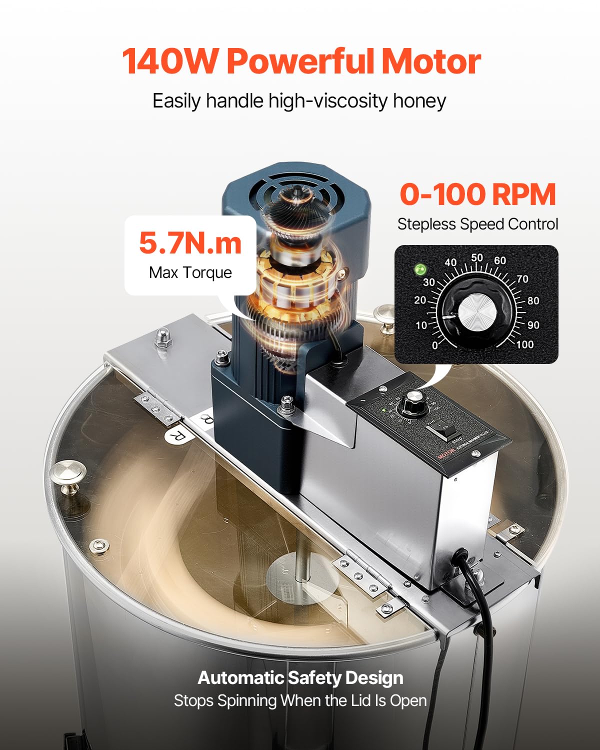 VEVOR stainless steel drum close-up highlighting easy-to-clean surface and hygiene