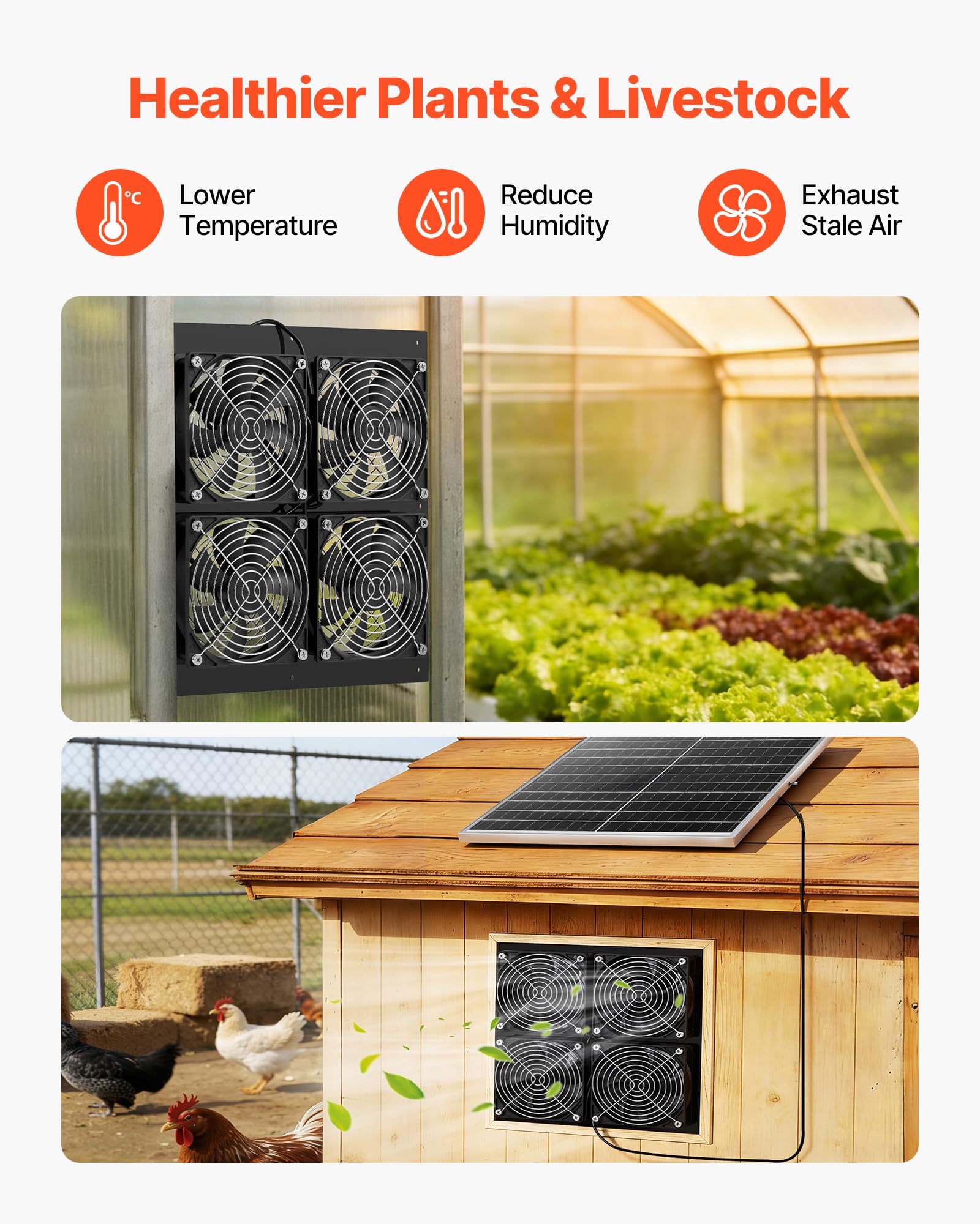 VEVOR double-layer metal guard detail protecting fans and reducing debris entry for longevity