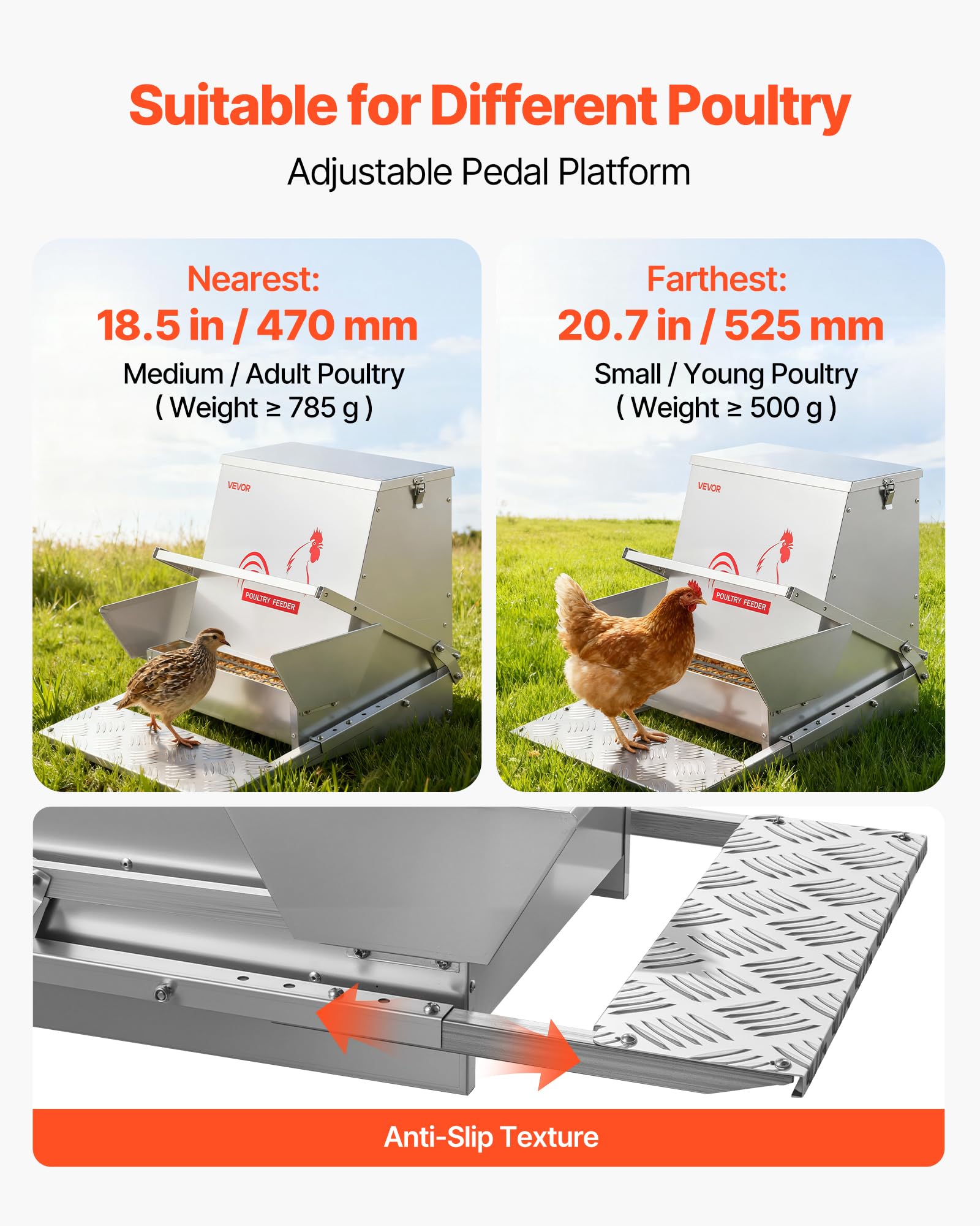 VEVOR feed grilles and dispense opening benefit: reduces scattering and waste