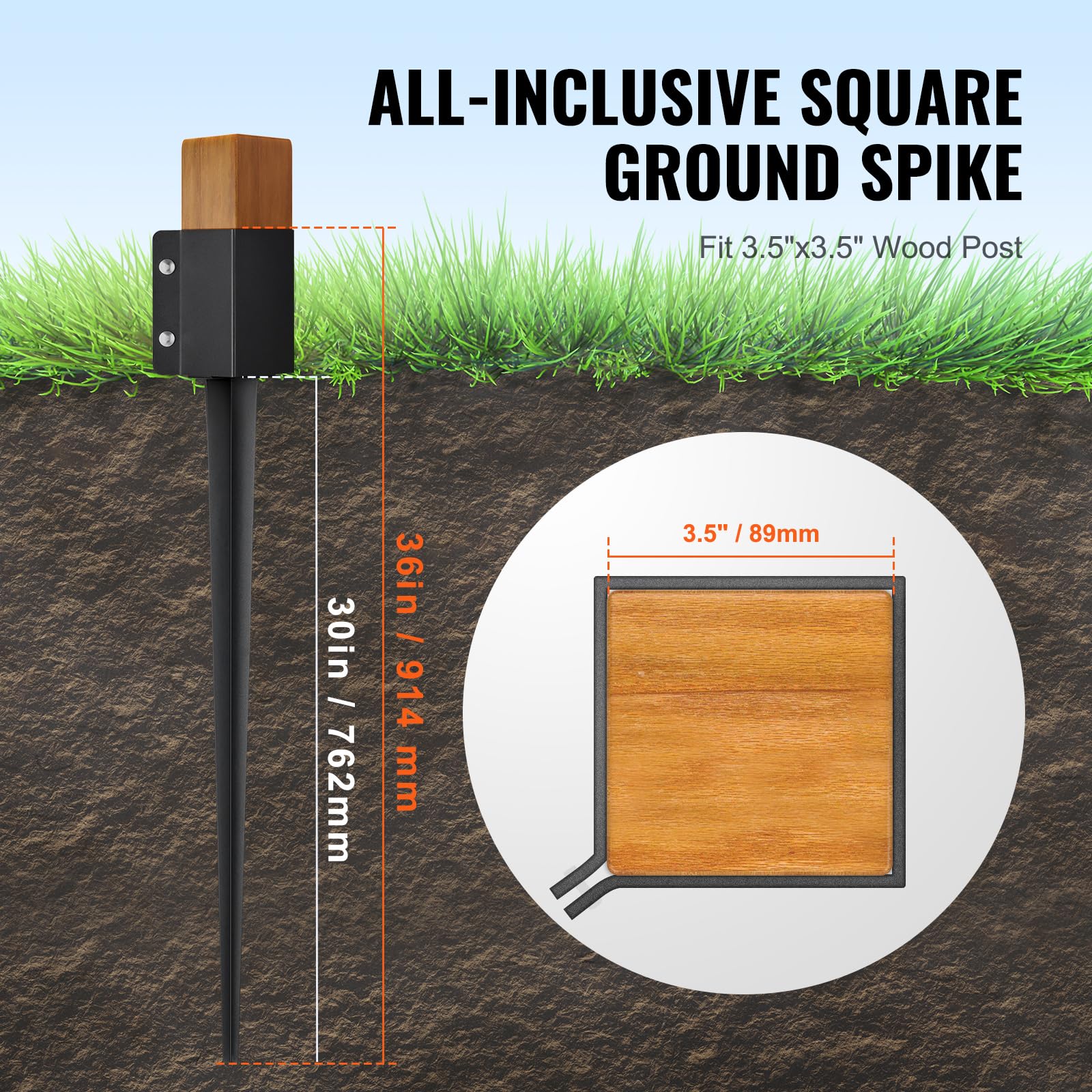 VEVOR spike half-buried in soil shows installation depth and improved ground stability