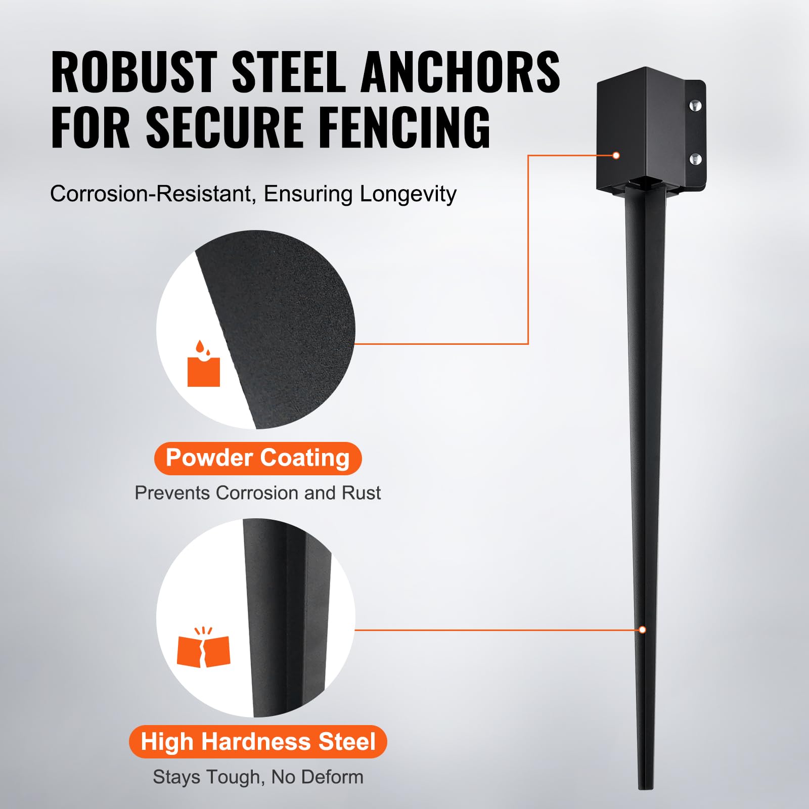 VEVOR powder-coat detail highlights corrosion protection and extended outdoor life