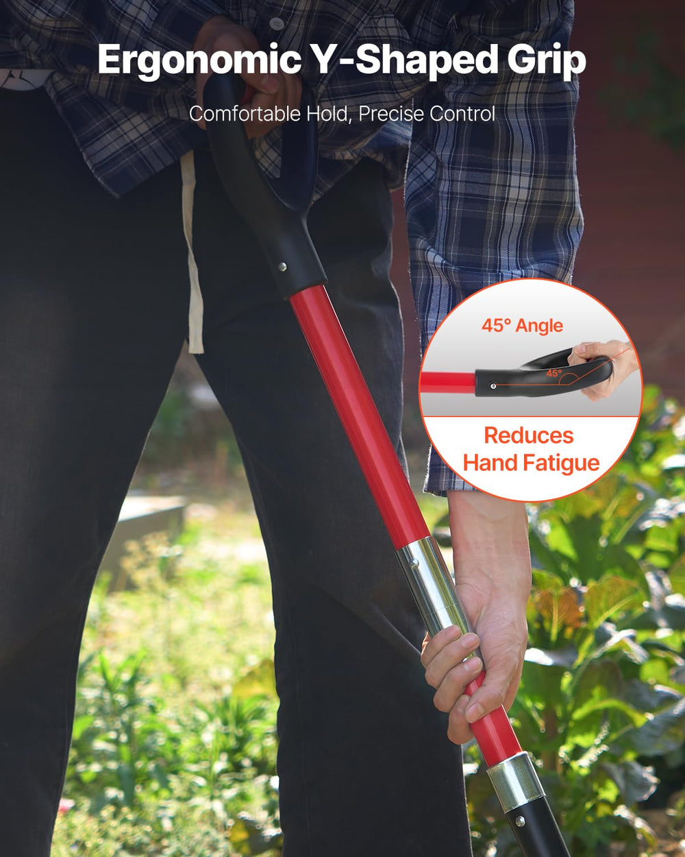 VEVOR fiberglass Y-handle detail providing ergonomic grip and slip resistance