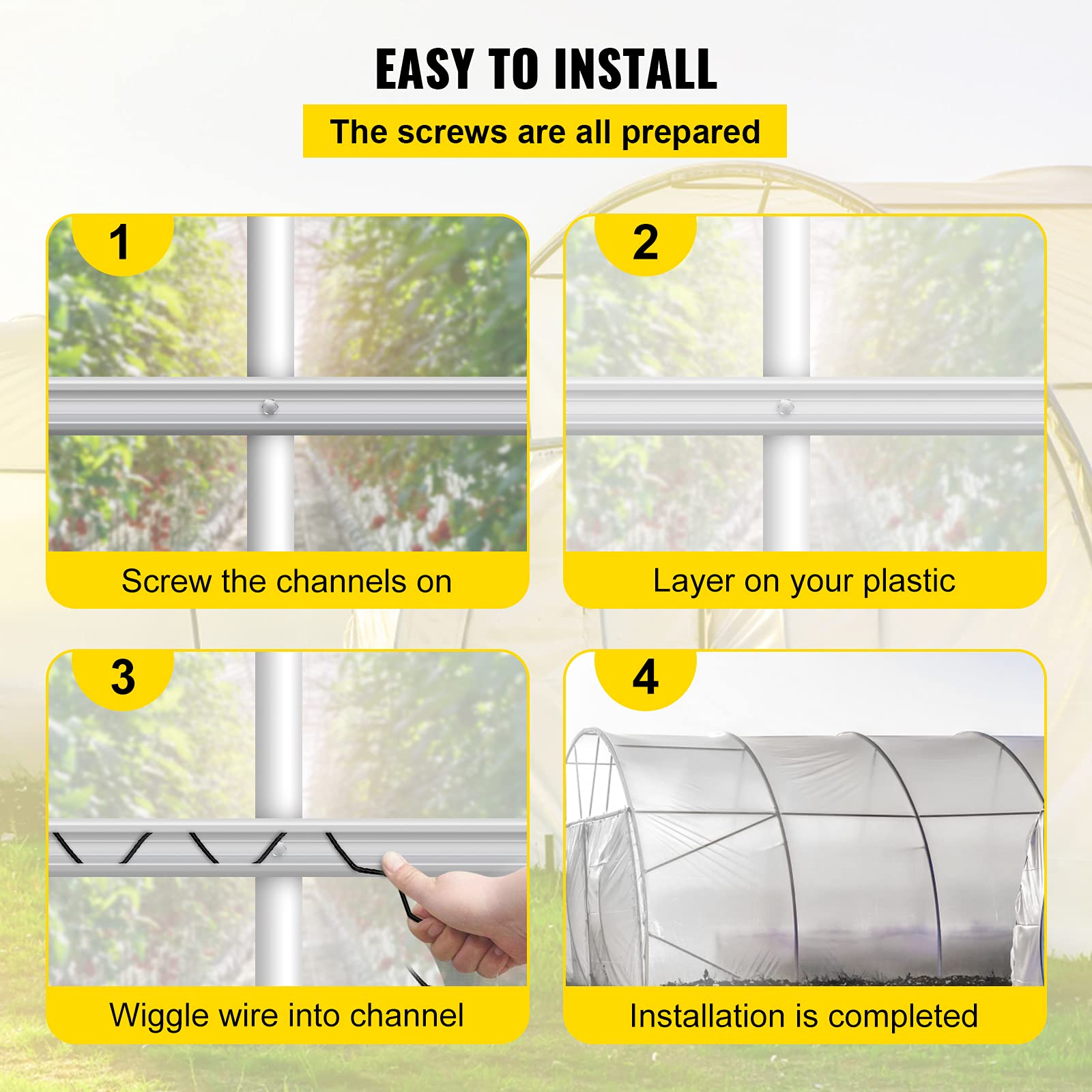 VEVOR plastic film clamped by wiggle wire showing airtight seal and wind resistance
