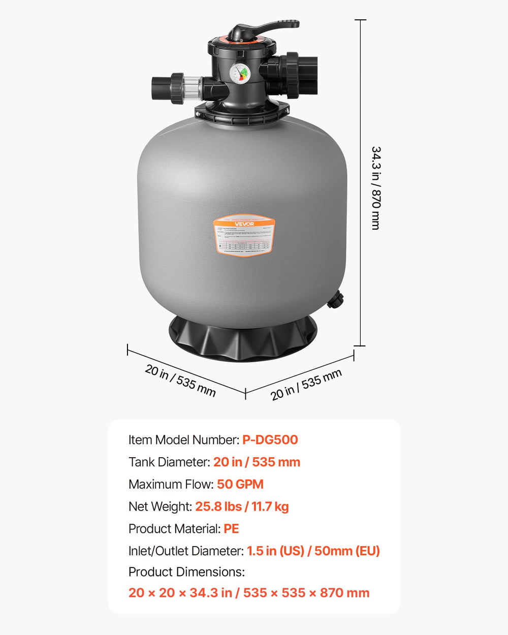 VEVOR filter next to person for scale, demonstrates compact footprint
