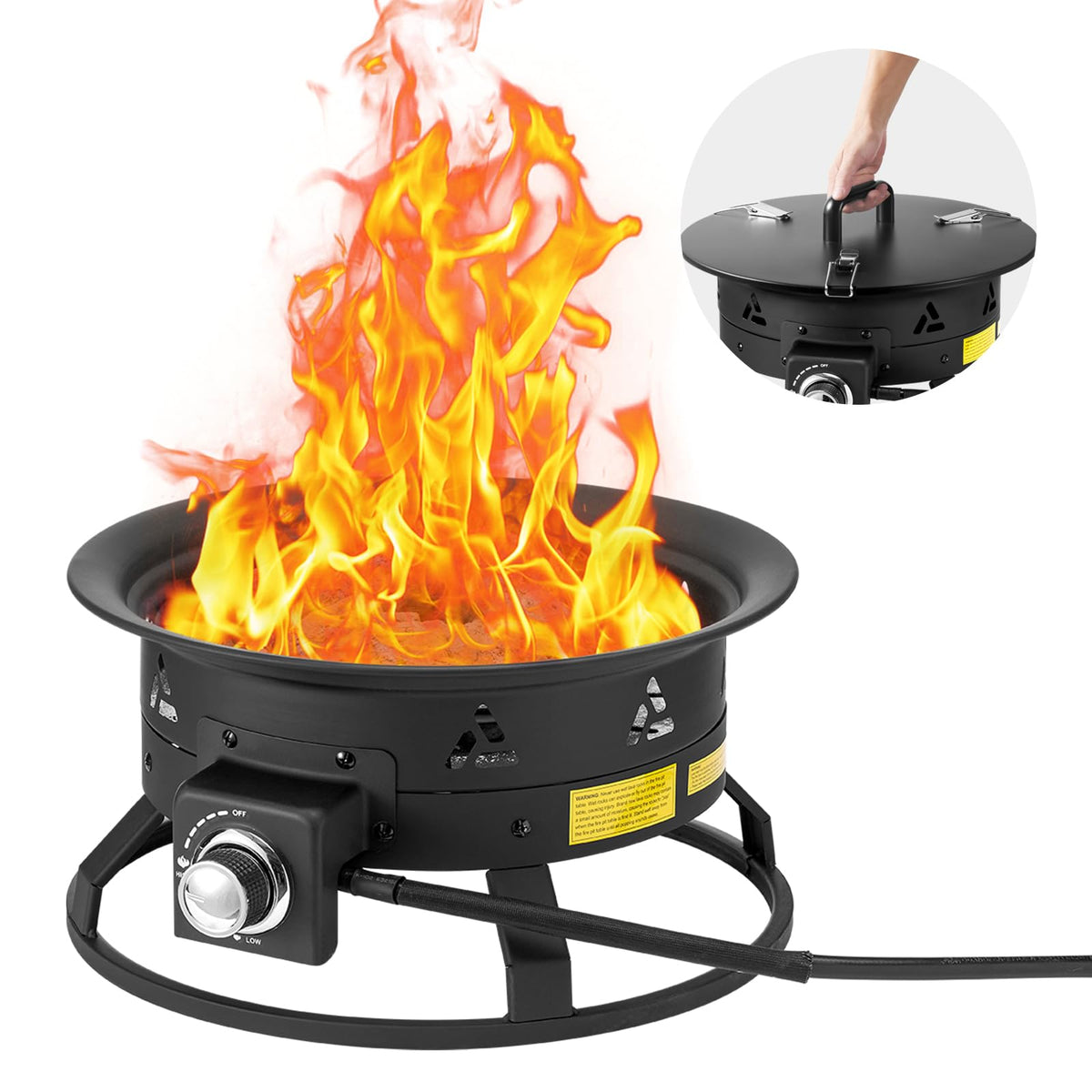 VEVOR front view of fire pit showing compact design and strong flames