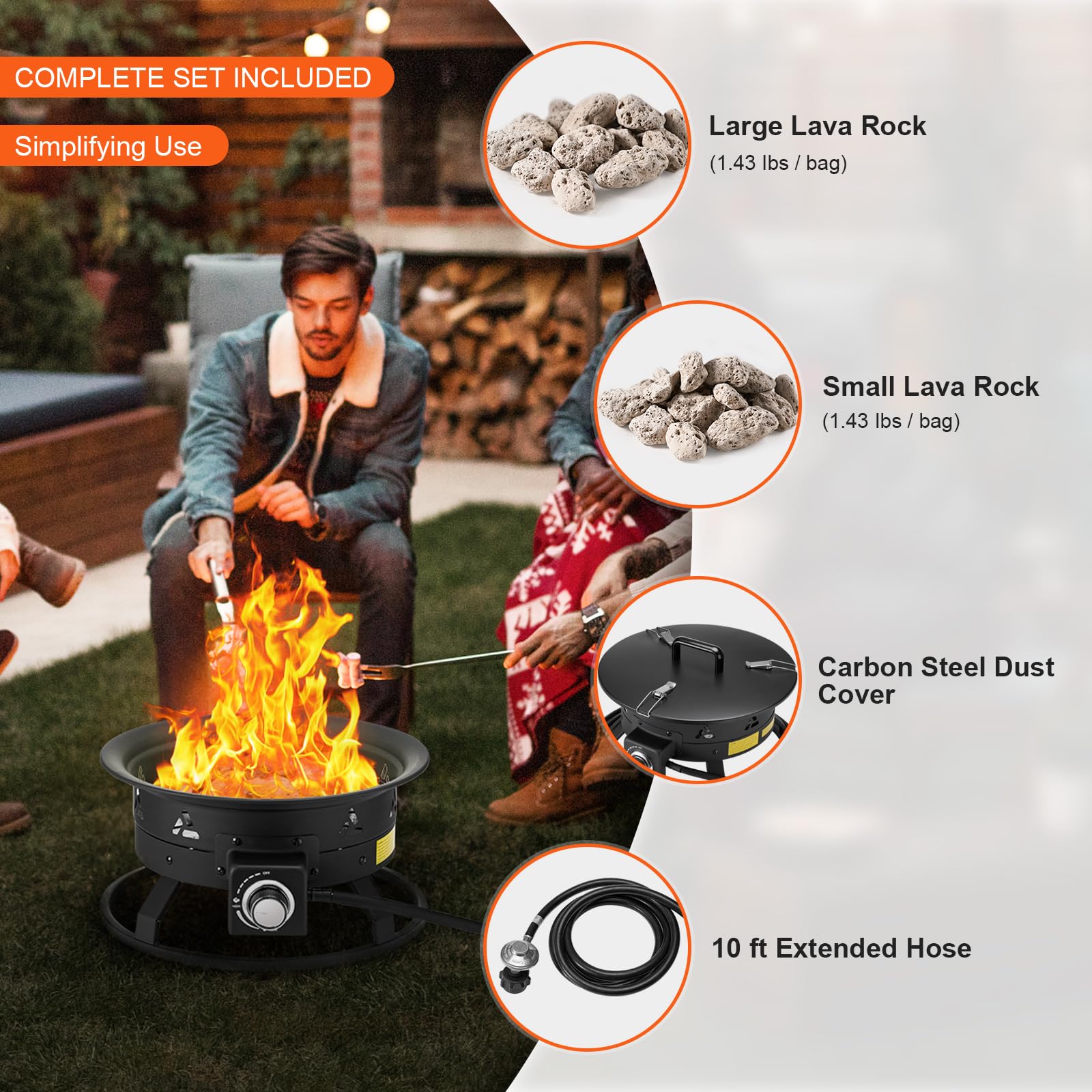 VEVOR fire pit beside chair showing 19-inch scale for space planning