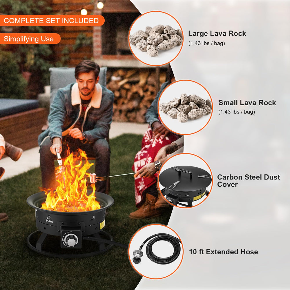 VEVOR fire pit beside chair showing 19-inch scale for space planning
