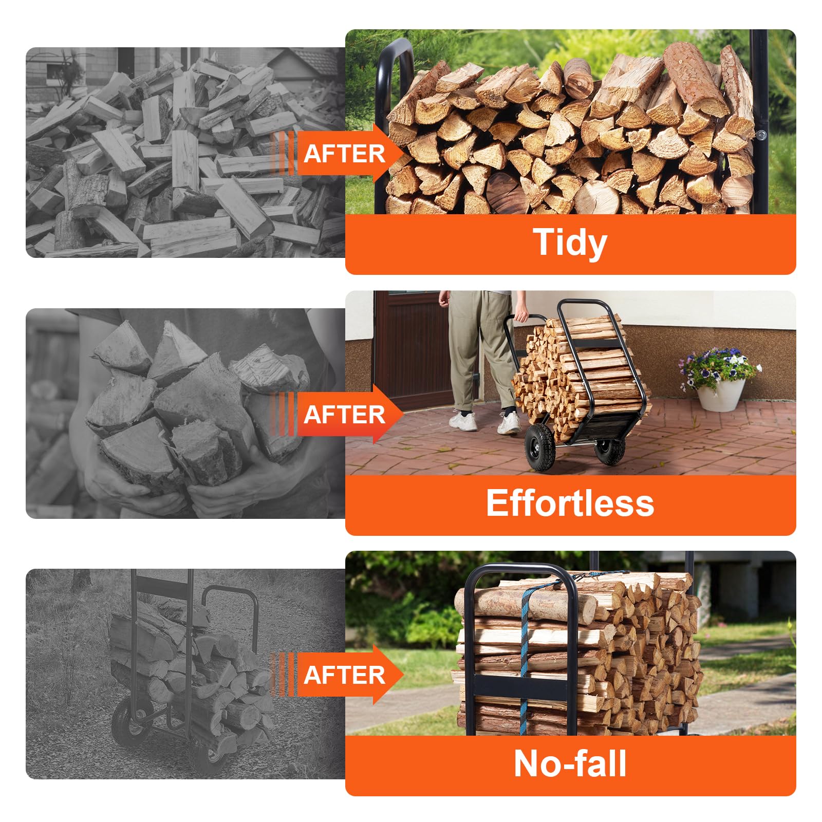 VEVOR firewood cart close-up of 10.5-inch PU wheel showing solid tread benefit smooth rolling