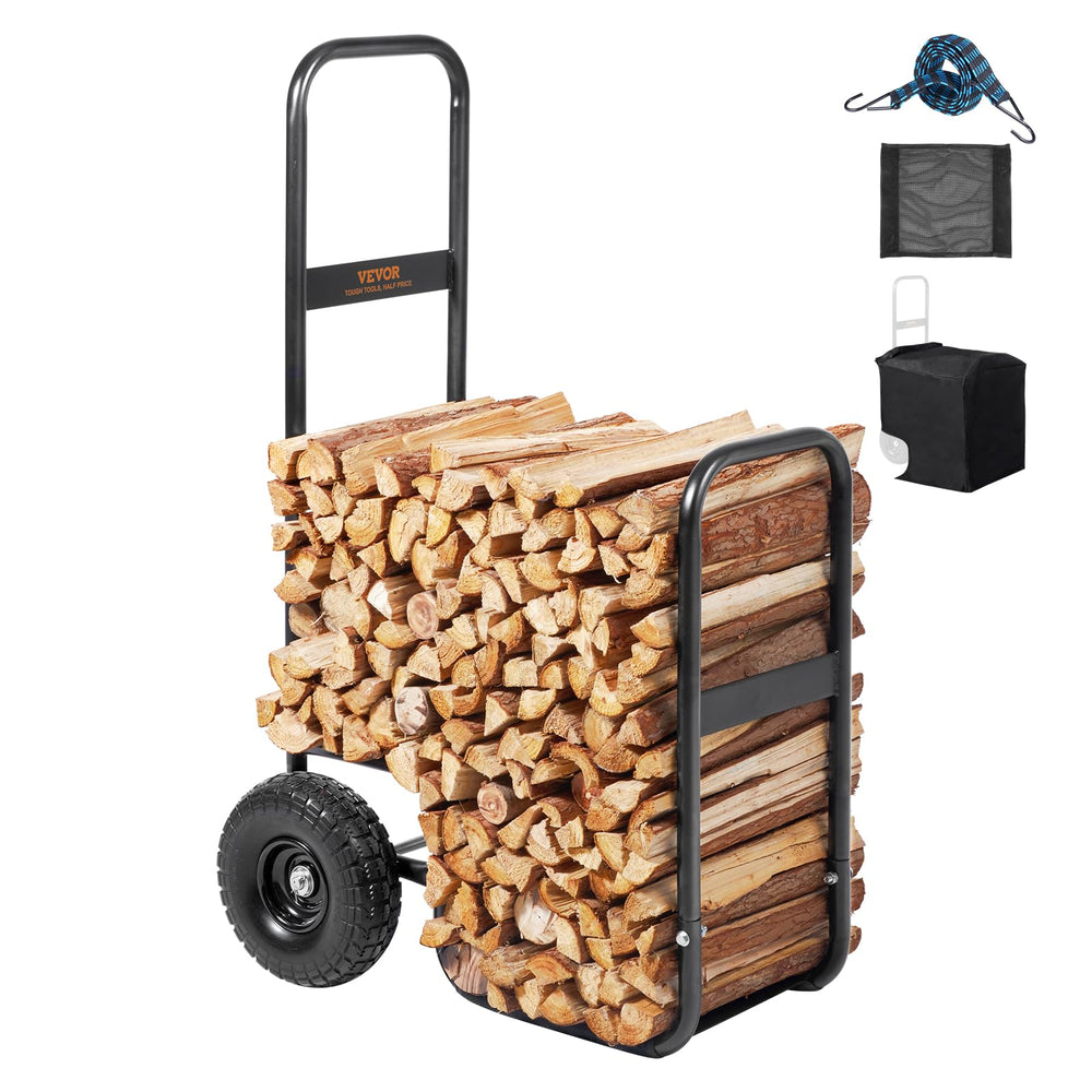 VEVOR firewood cart front view showing sturdy frame and neat stacked logs benefit easy transport