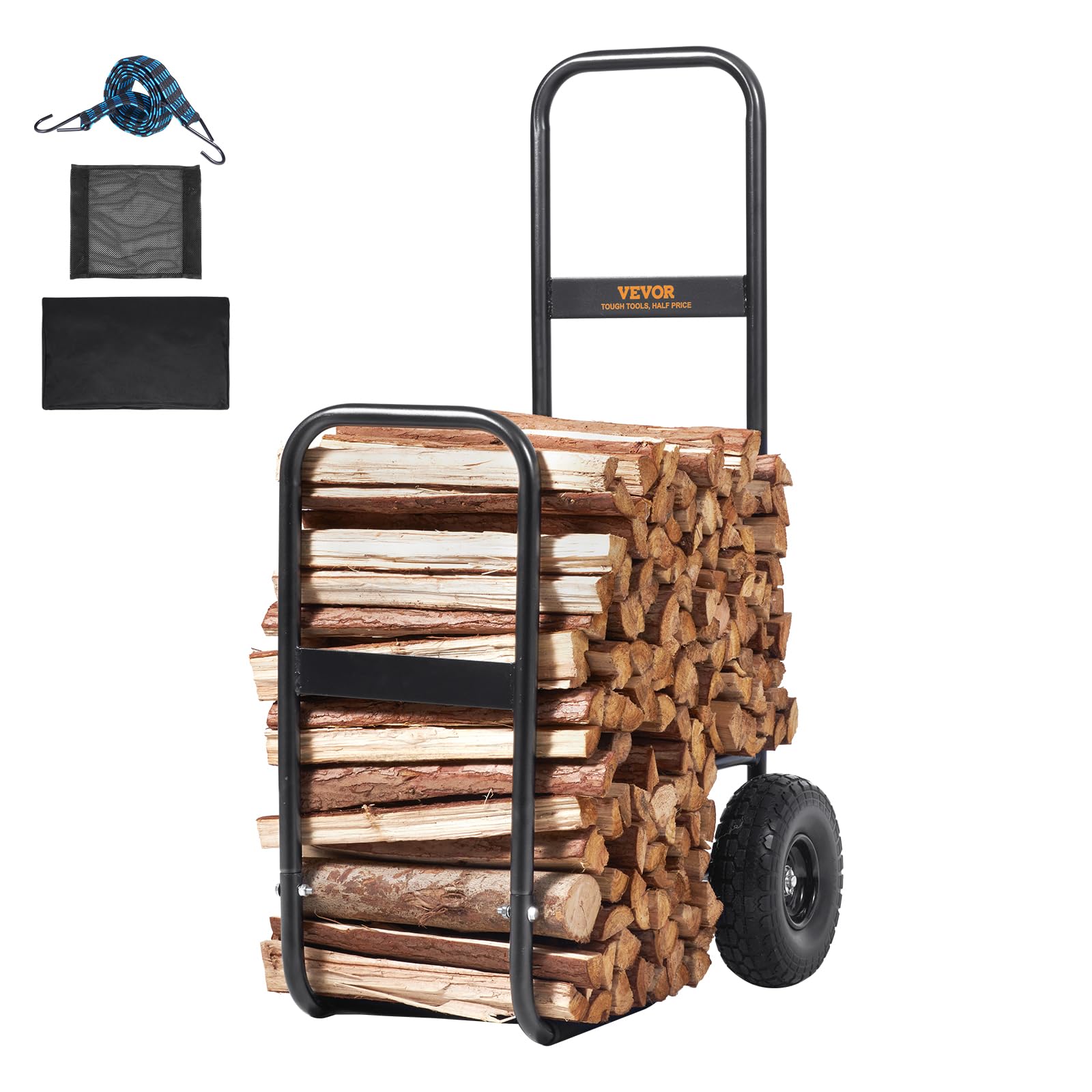 VEVOR firewood cart in lifestyle firepit setting transporting wood to outdoor fire benefit ready-to-use