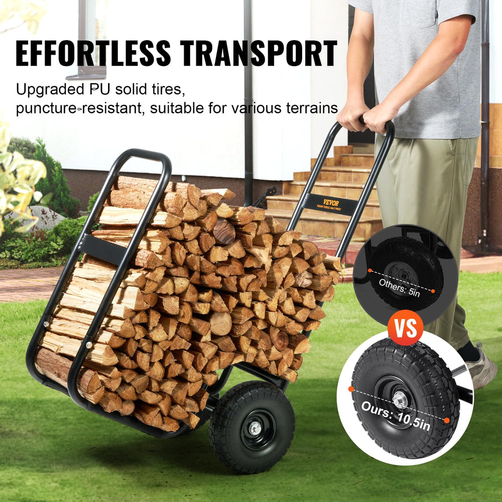 VEVOR firewood cart loaded with logs demonstrating 250 lb capacity benefit fewer trips