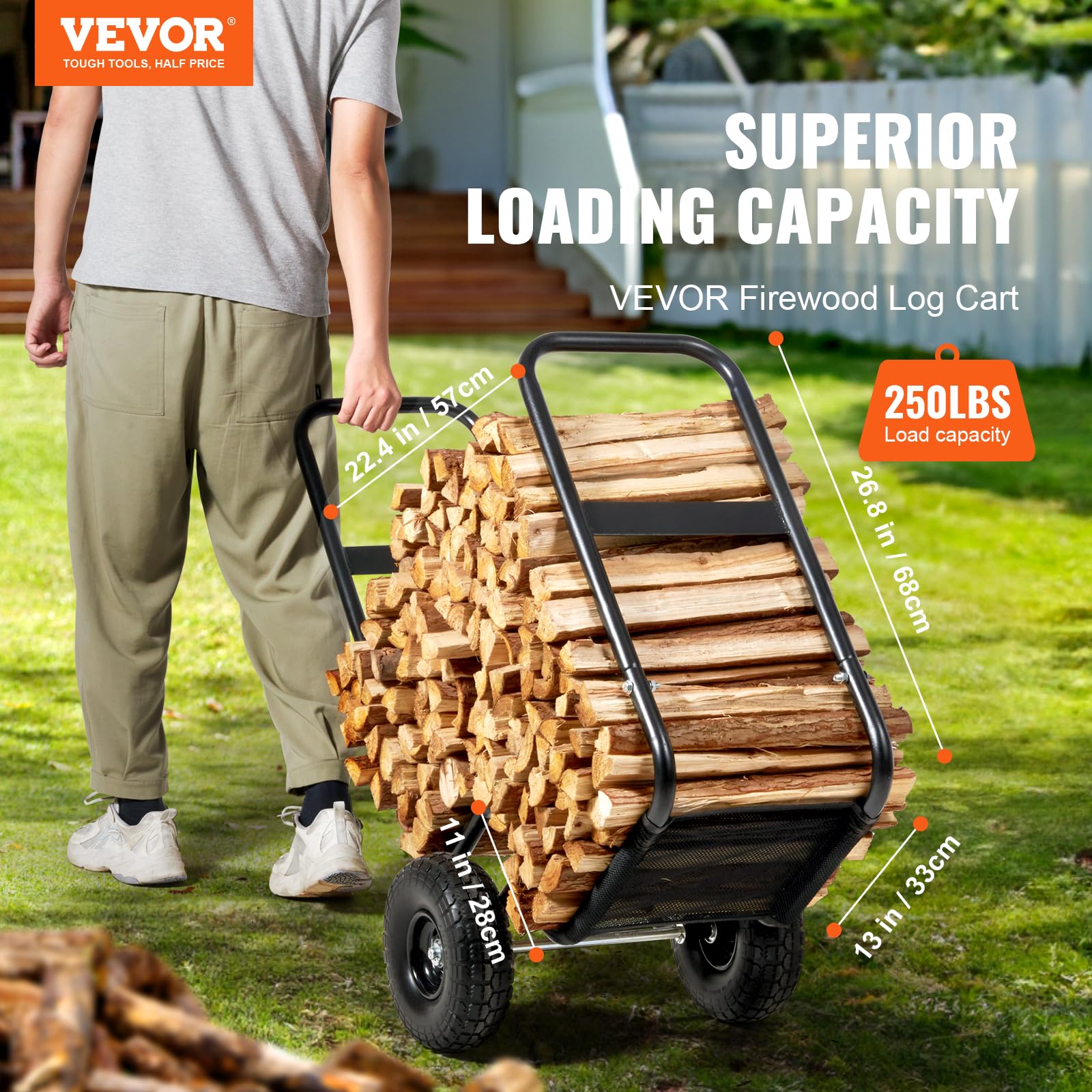 VEVOR firewood cart side profile highlighting height and guardrail for secure stacking benefit stability
