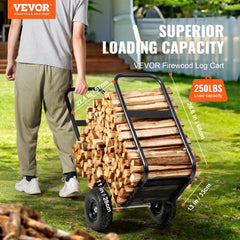 VEVOR firewood cart side profile highlighting height and guardrail for secure stacking benefit stability