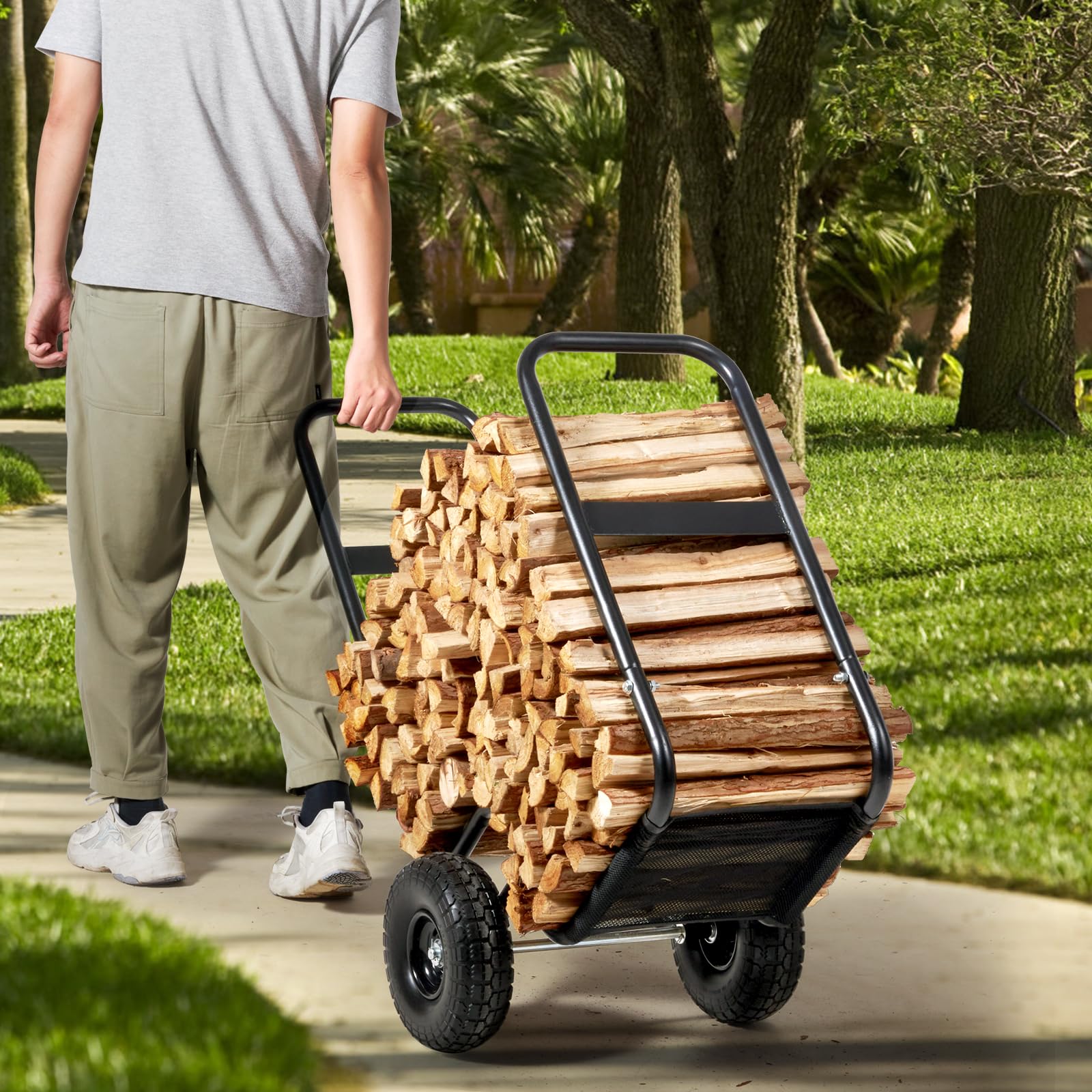 VEVOR firewood cart size scale with person pushing to show proportions benefit easy handling