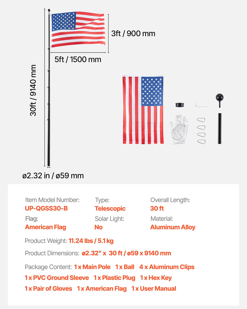 VEVOR flagpole hardware and accessories showing ready-to-install kit