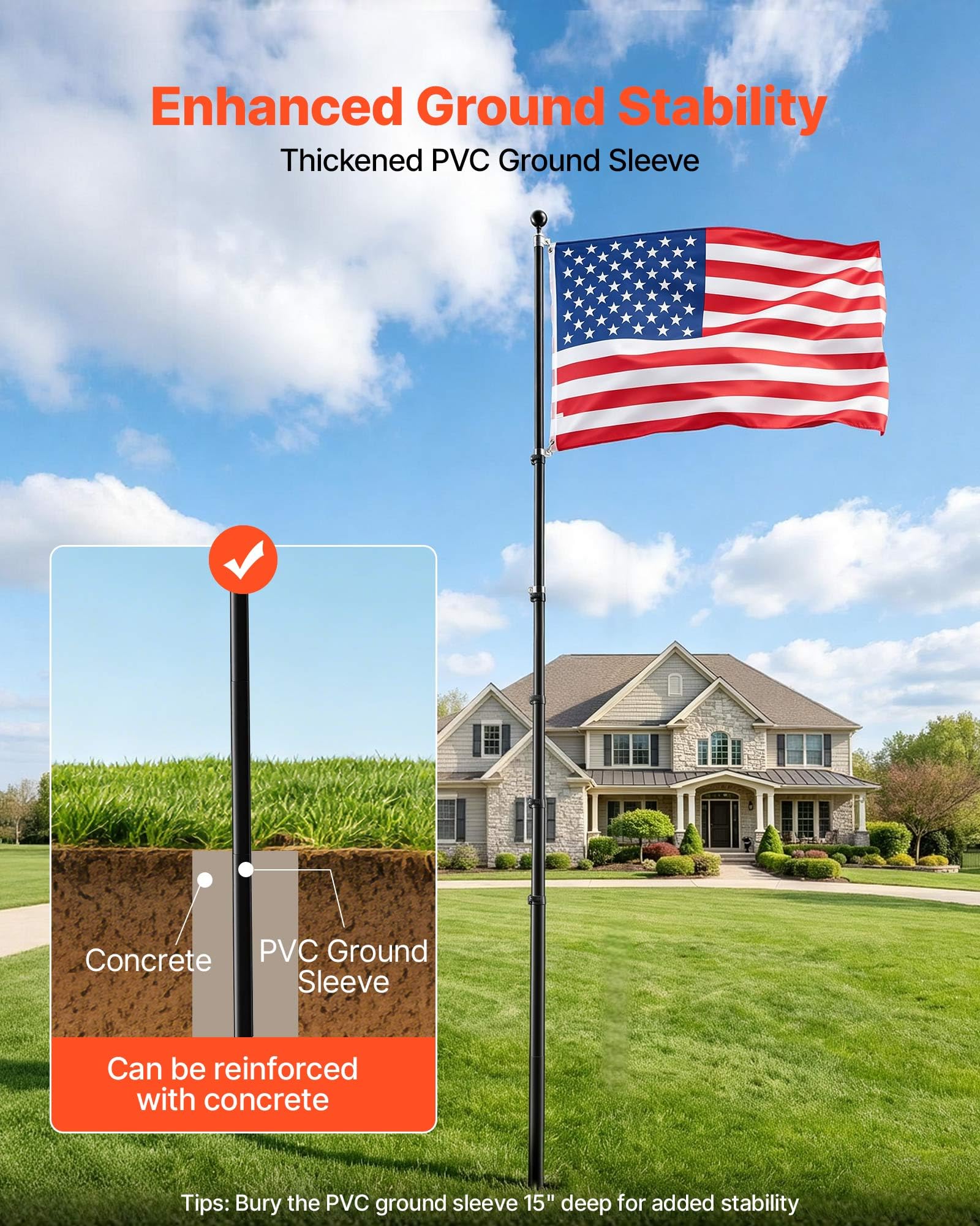 VEVOR flagpole height scale beside house showing 30ft perspective