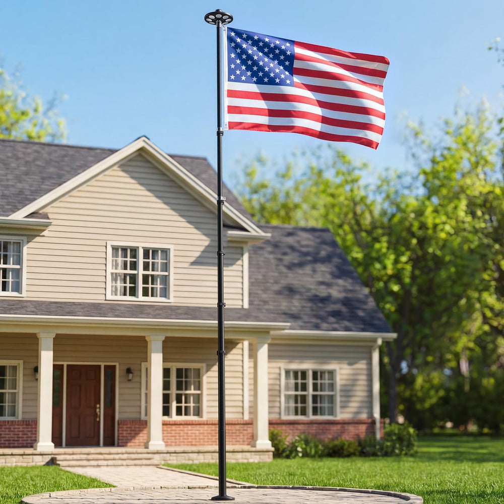 VEVOR flagpole beside house showing 20ft scale for placement planning