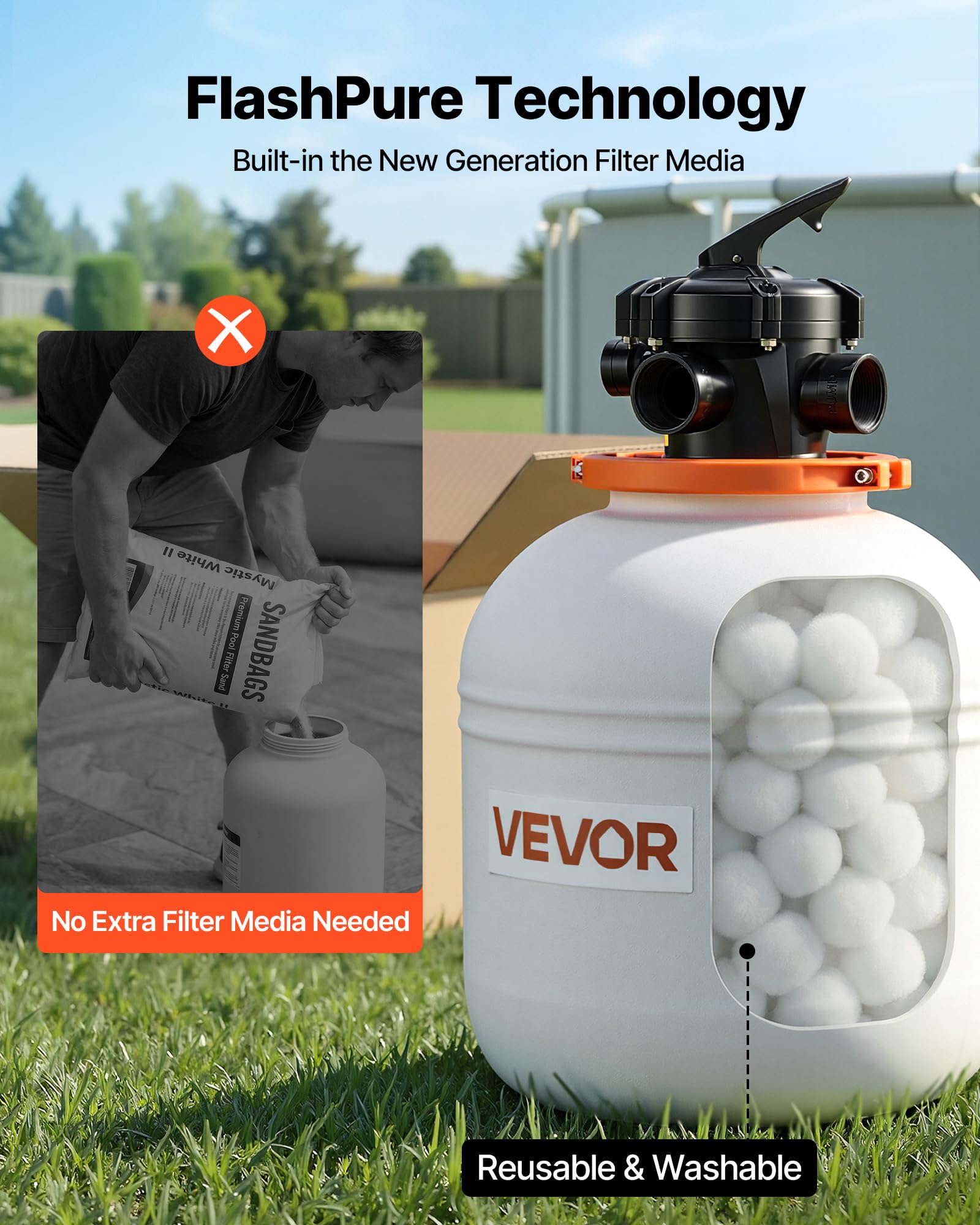 VEVOR top view of preinstalled filter media shows tidy setup and simple replacement benefit