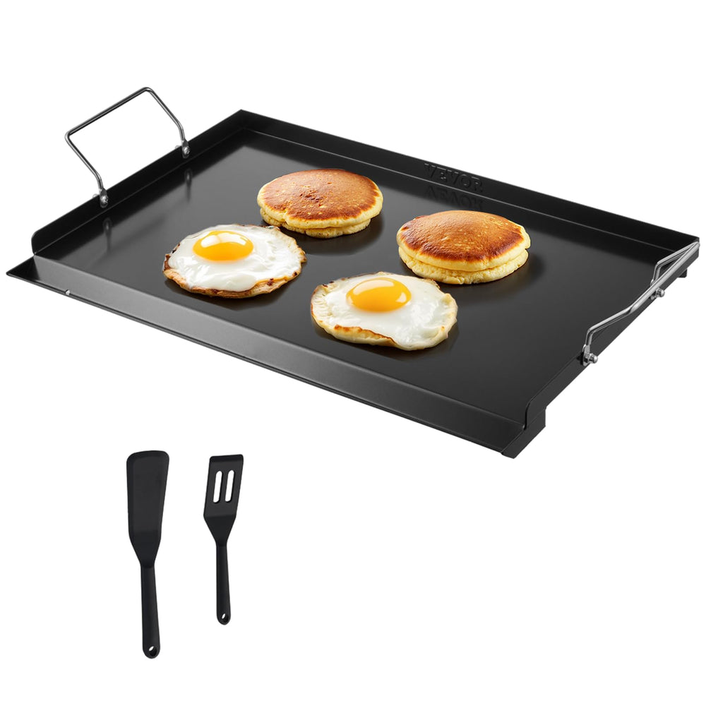 VEVOR flat-top front view showing full griddle and handles for easy transport