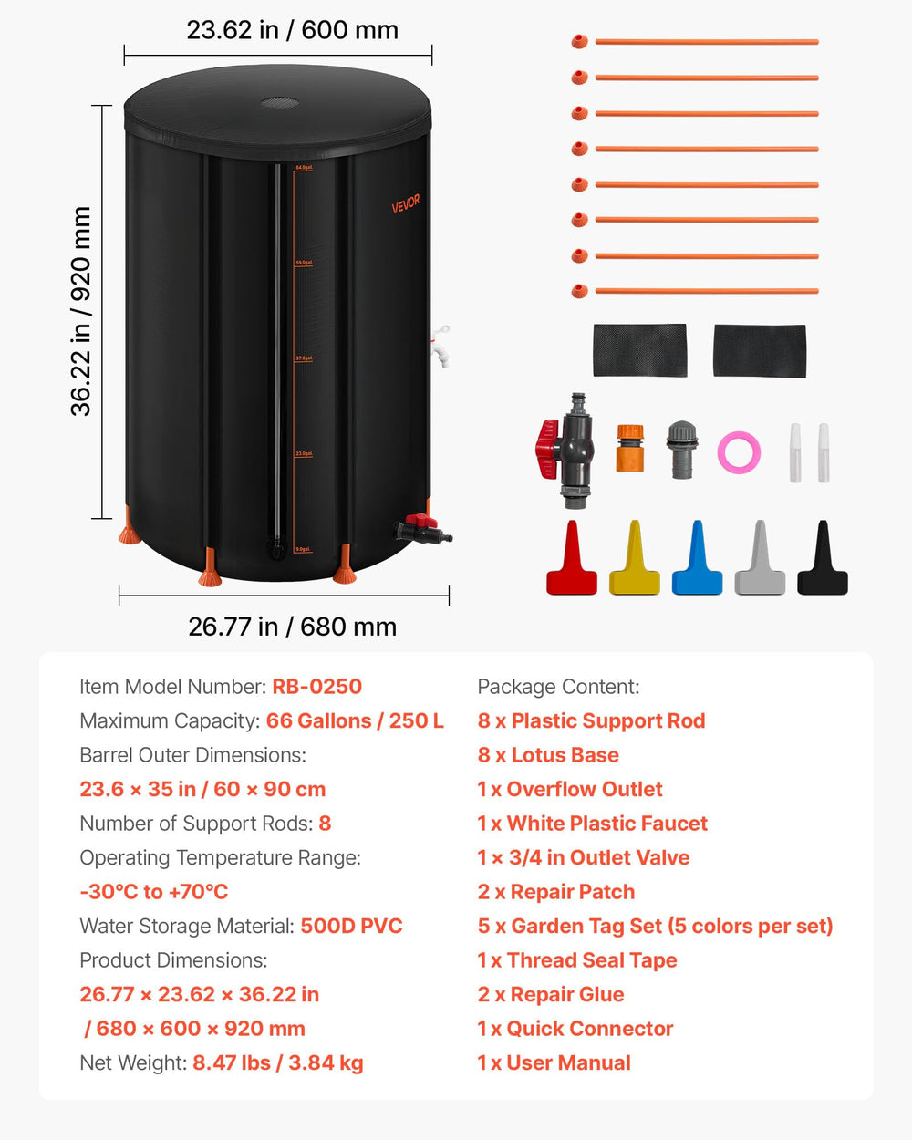 VEVOR collapsed barrel folded flat for compact transport and storage