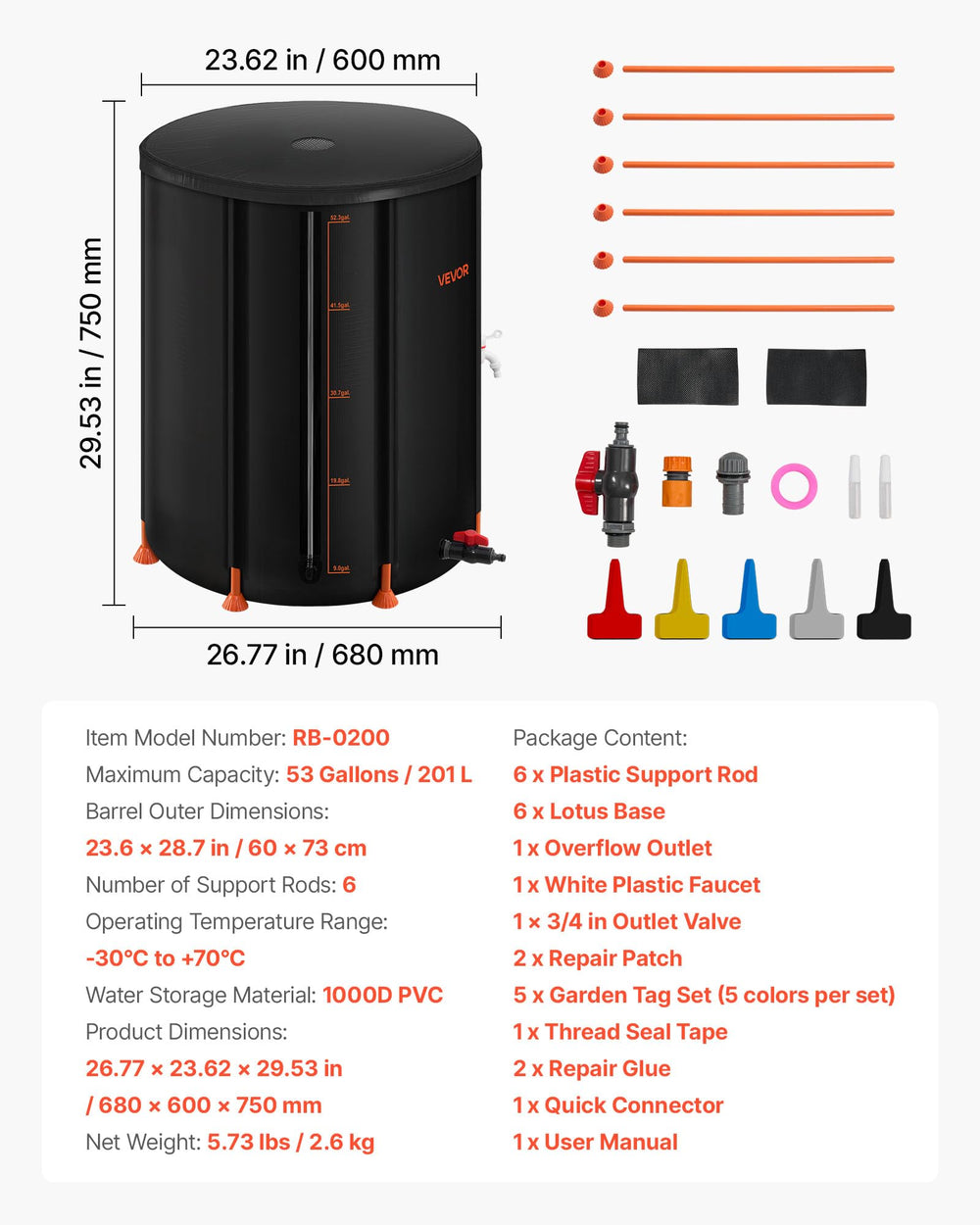 VEVOR barrel folded flat for compact storage and easy transport