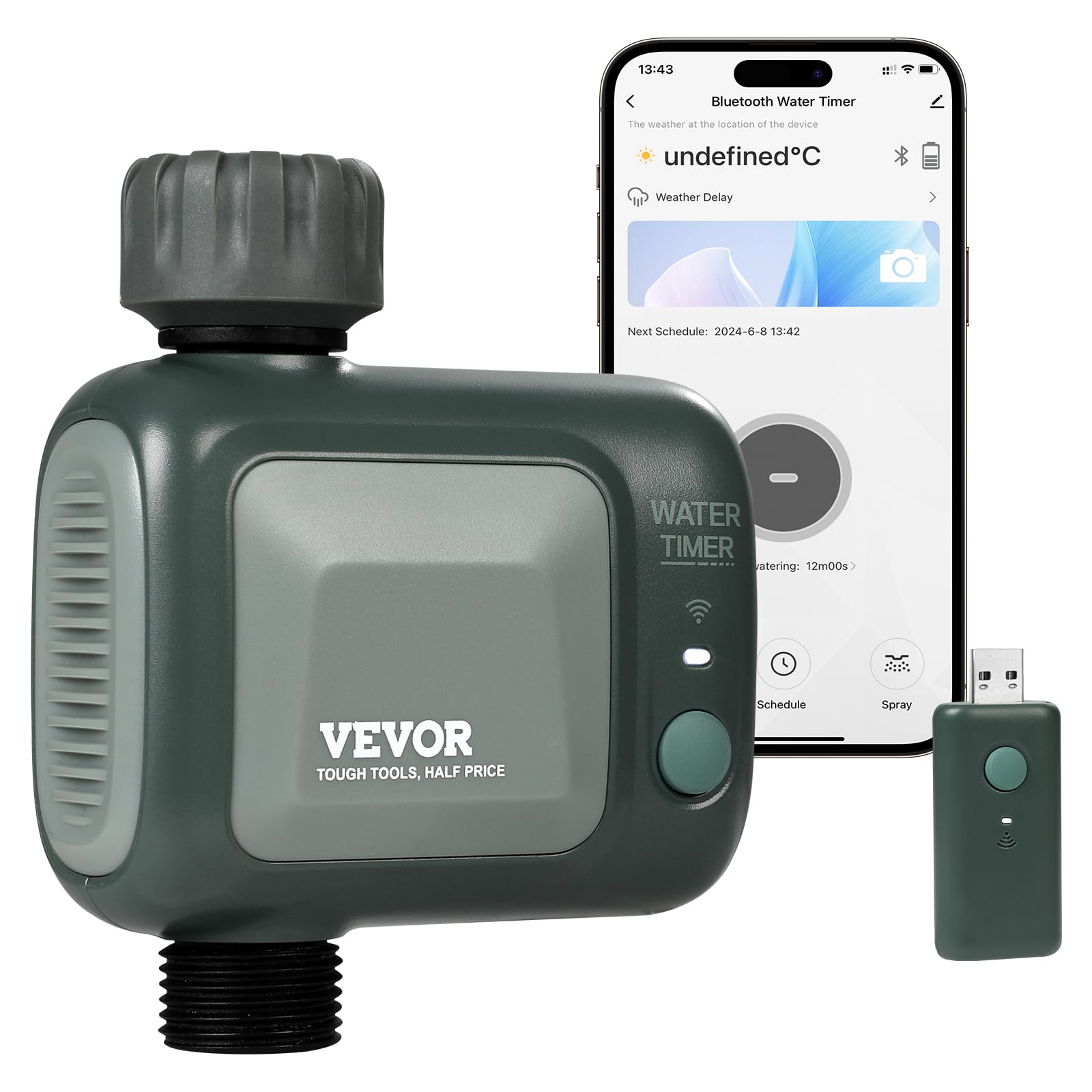 VEVOR front-angle timer showing control dial and LED for easy outdoor automation