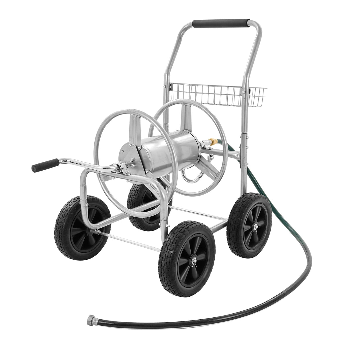 VEVOR front overview of hose reel cart showing sturdy frame and spool benefit organization