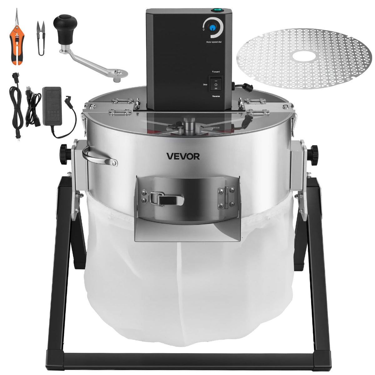 VEVOR front view of 16-inch trimmer showing stable frame and bowl for reliable throughput