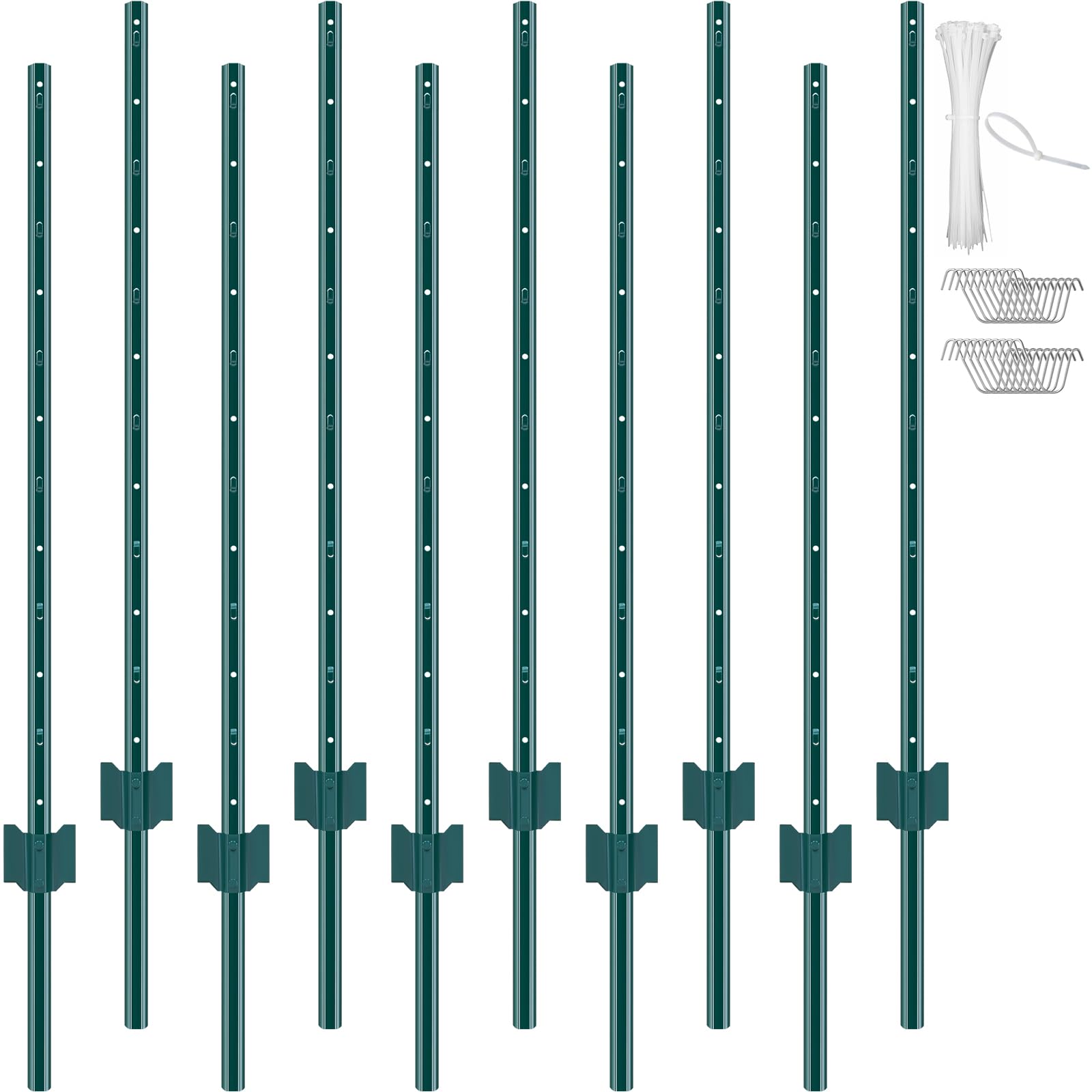 VEVOR front view of 10-pack 4ft U-channel posts showing included clips and zip ties for rapid setup