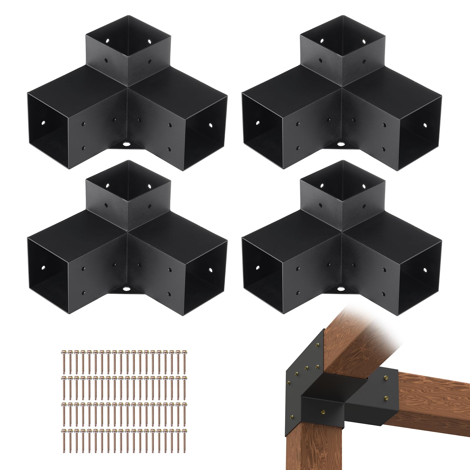 VEVOR front view of boxed pergola bracket kit showing contents and benefit of ready hardware