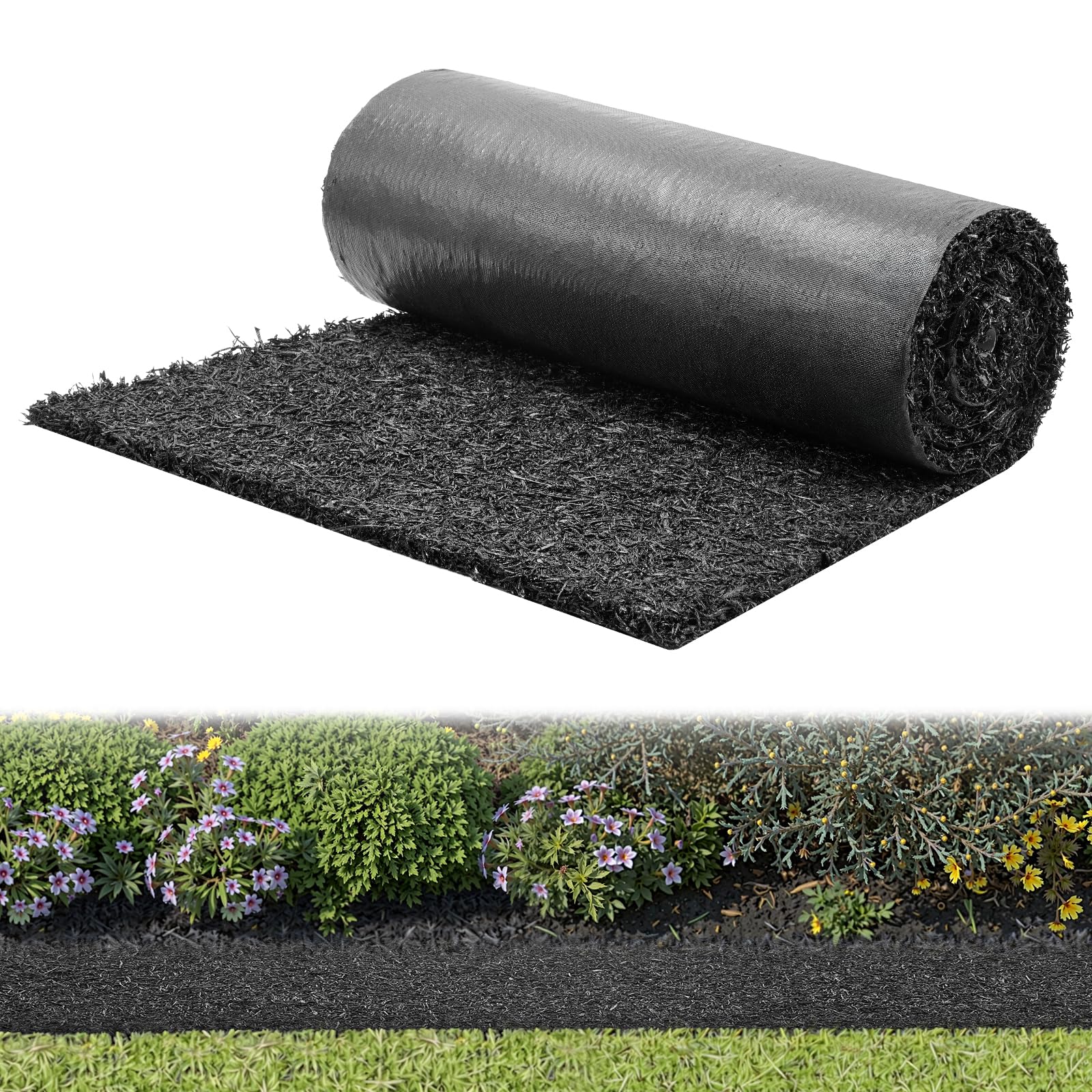 VEVOR front view of rolled rubber mulch mat showing durable packaging and size, easy to install