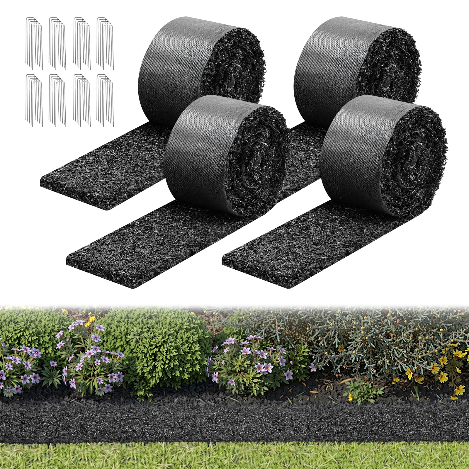 VEVOR front packaging showing four recycled rubber mulch rolls with size details and benefits