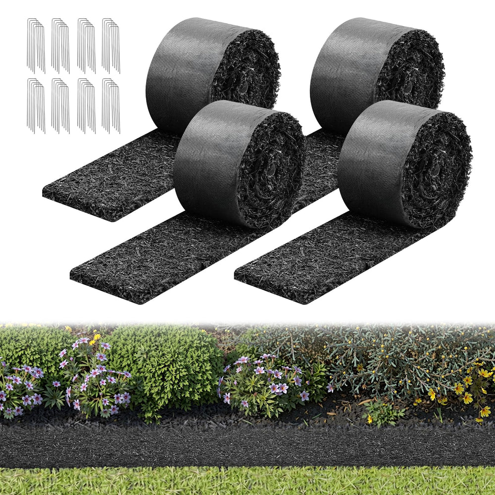 VEVOR front packaging showing four recycled rubber mulch rolls with size details and benefits