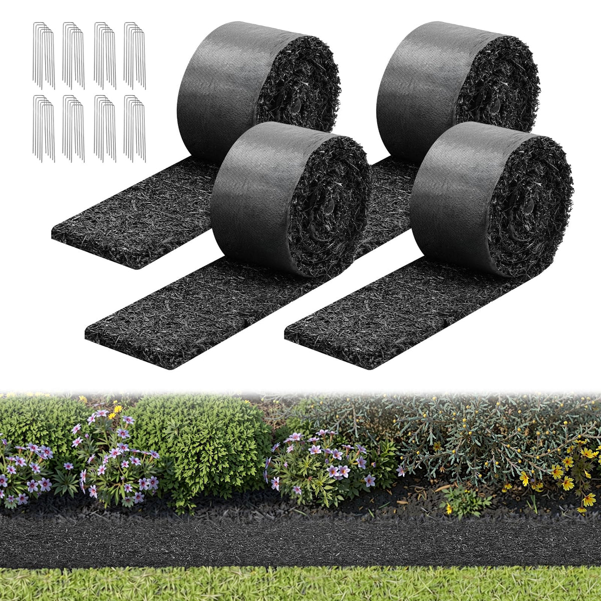 VEVOR front packaging showing four recycled rubber mulch rolls with size details and benefits