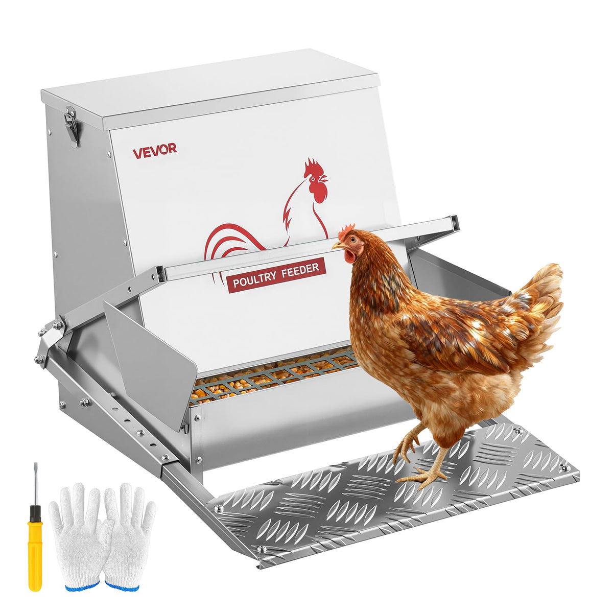 VEVOR front view of automatic chicken feeder showing full unit and tray benefit: keeps feed contained