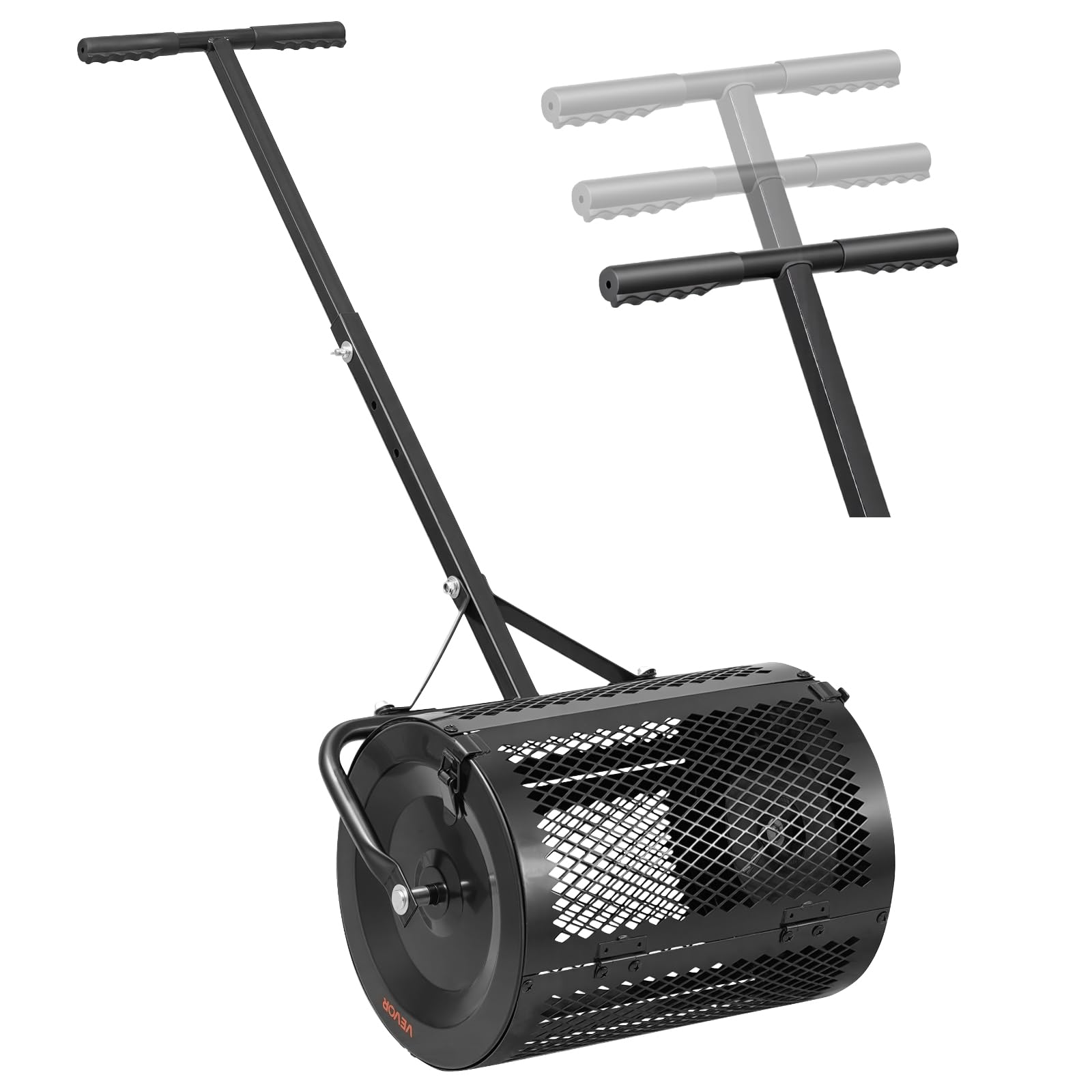 VEVOR front view of compost spreader showing wide drum and T-handle benefit even coverage