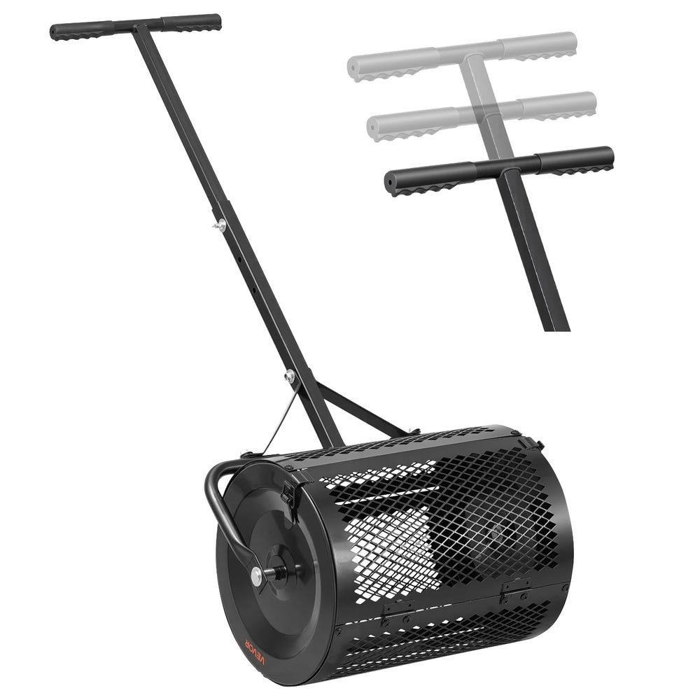 VEVOR front view of compost spreader showing wide drum and T-handle benefit even coverage
