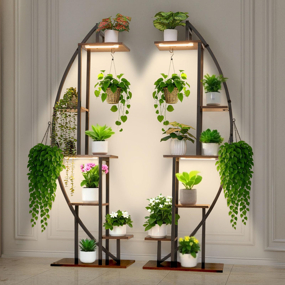 VEVOR front view of corner plant stand showing tiered display and bright lighting benefit
