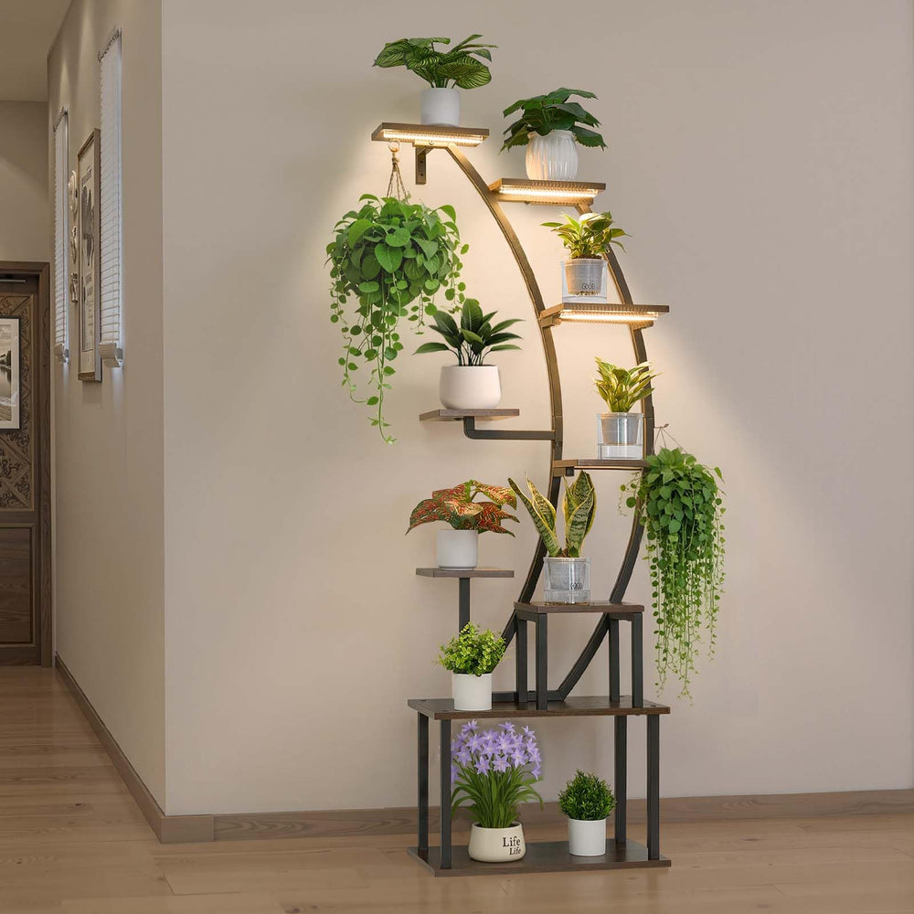 VEVOR front view of curved 9-tier stand showing space-saving corner benefit