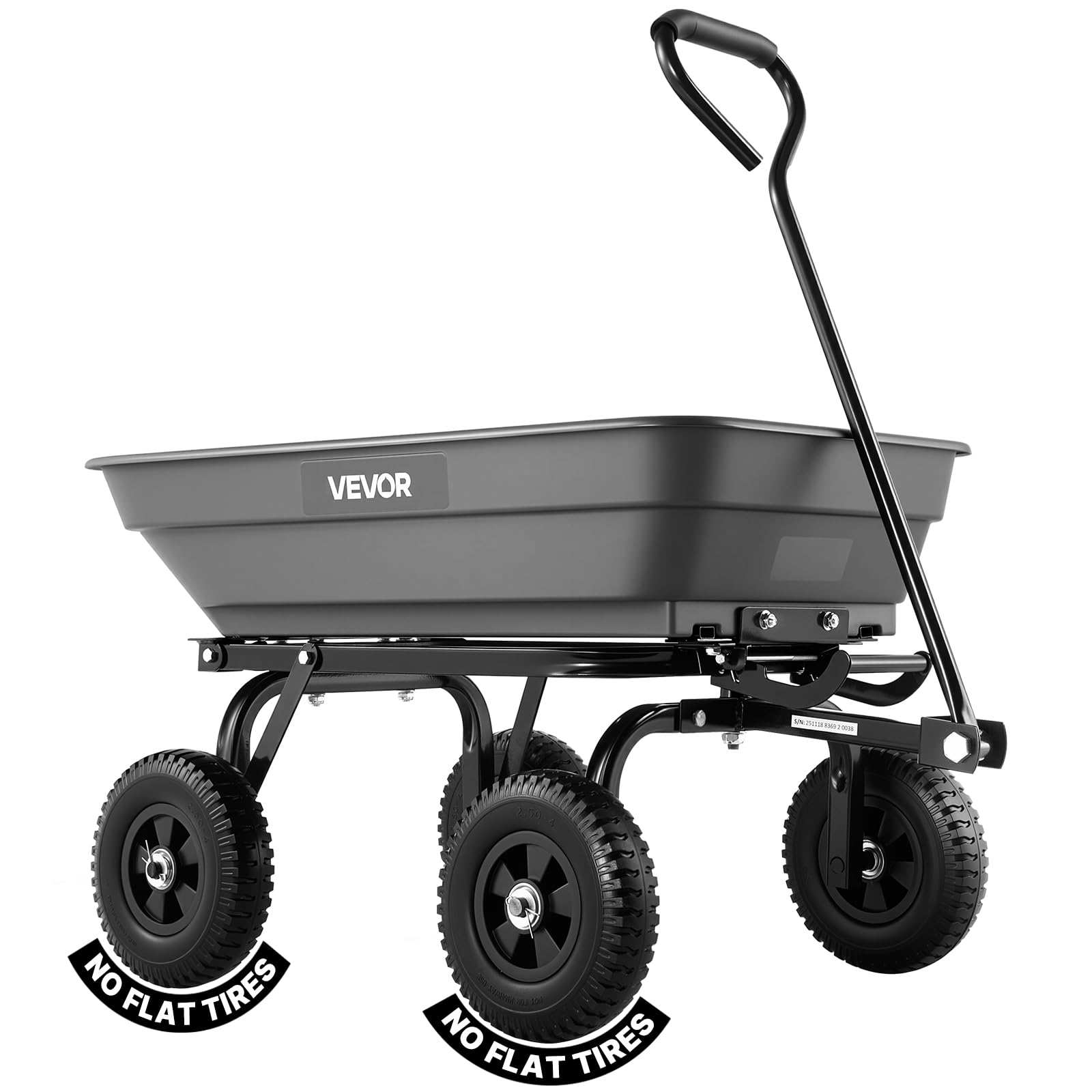 VEVOR front view of dump cart showing sturdy tray and frame for heavy hauling
