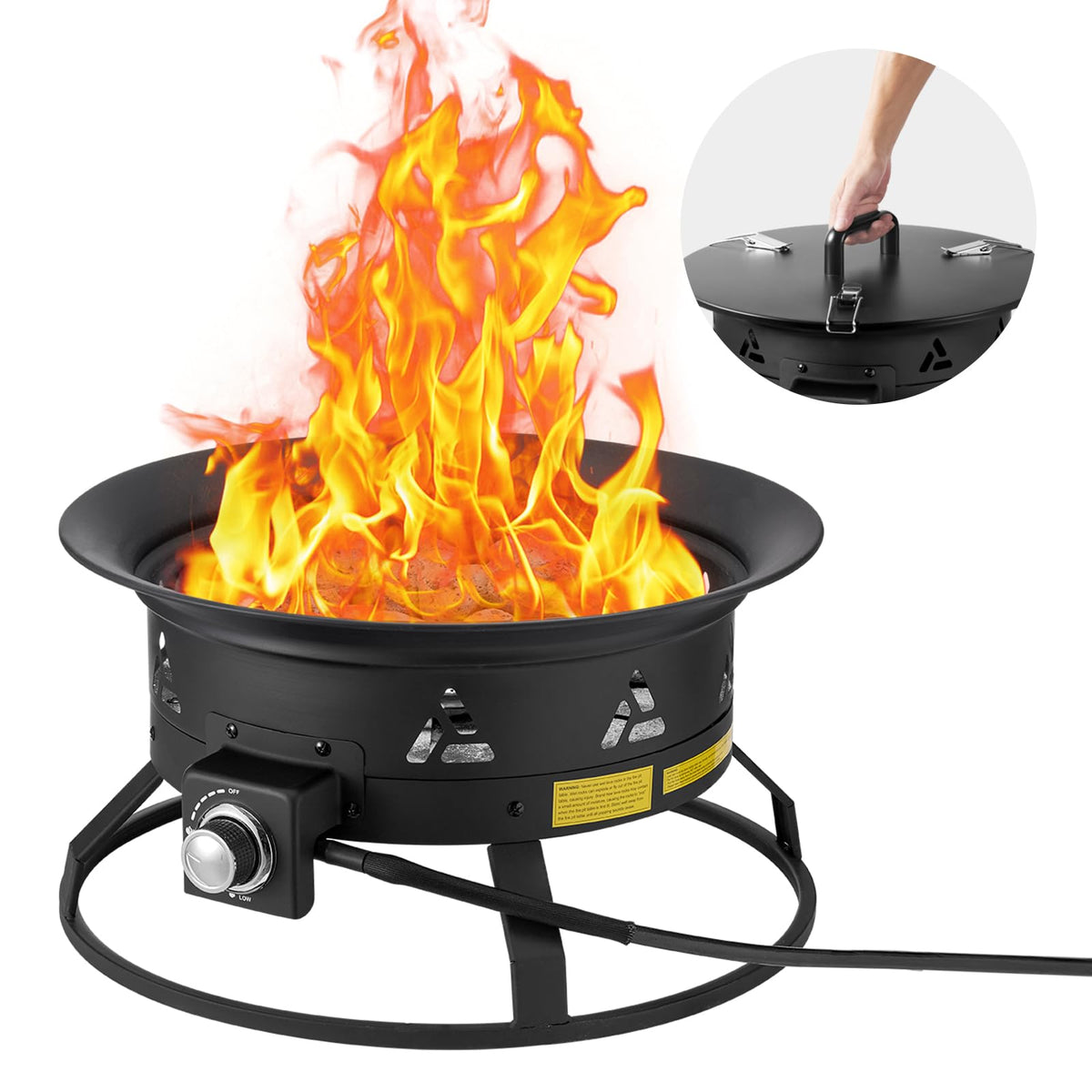 VEVOR front view of 24-inch fire pit showing sturdy bowl and flames for welcoming warmth
