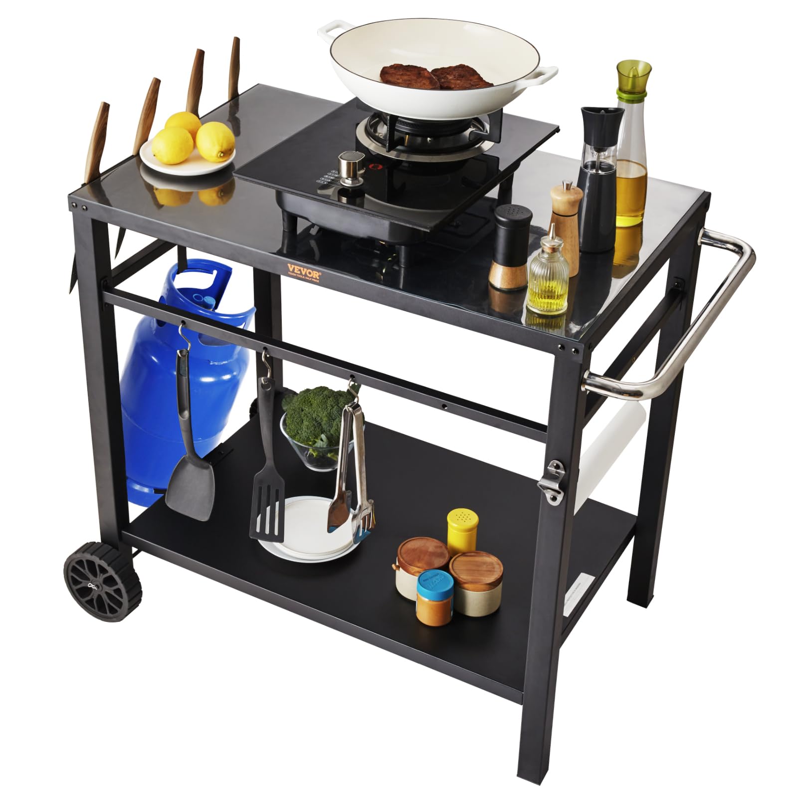 VEVOR front view of grill cart showing sturdy tabletop and shelves for organized prep