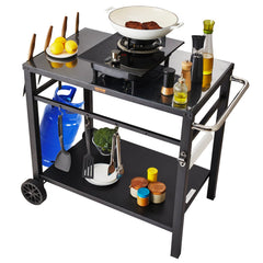 VEVOR front view of grill cart showing sturdy tabletop and shelves for organized prep