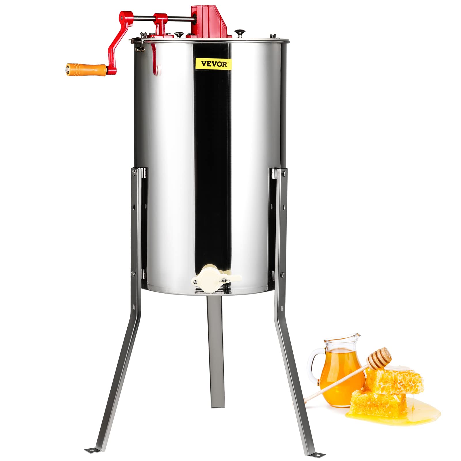 VEVOR front view of honey extractor showing compact stainless-steel barrel and capacity benefit