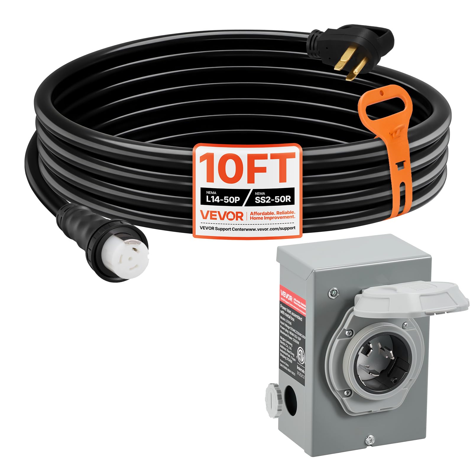 VEVOR front view showing inlet box and 10ft cord for safe outdoor hookup