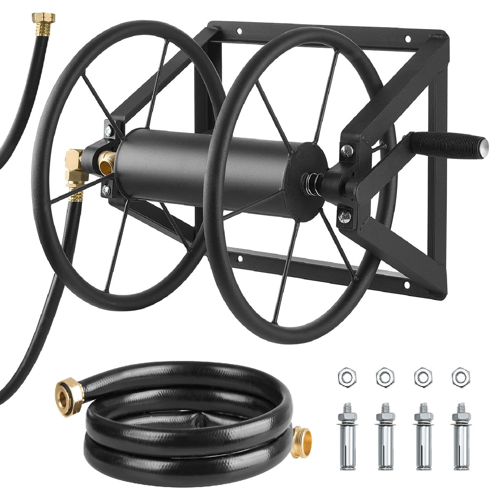 VEVOR front view of wall-mounted hose reel showing space-saving storage benefit