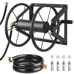 VEVOR front view of wall-mounted hose reel showing space-saving storage benefit
