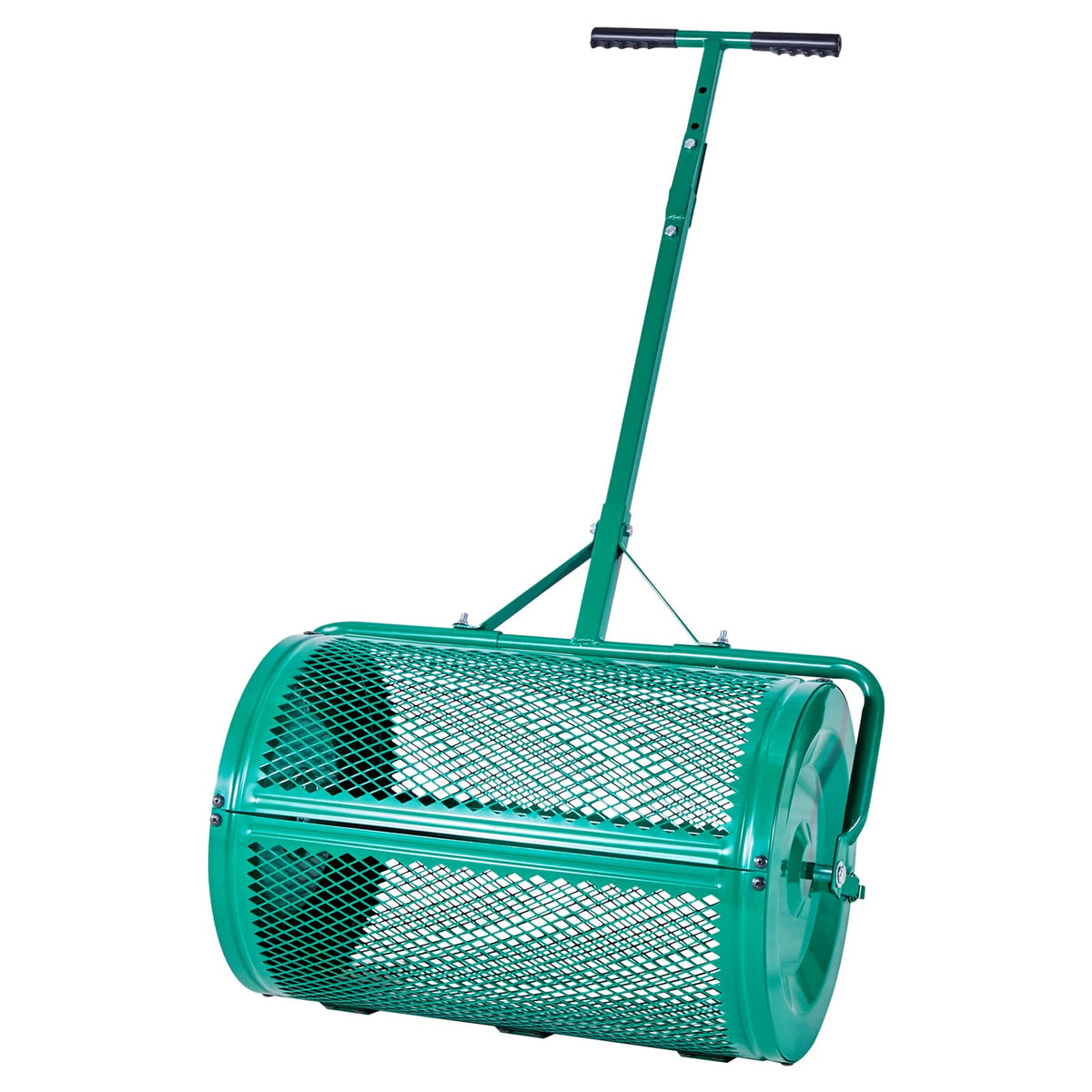 VEVOR front view peat moss spreader showing wide drum for faster coverage