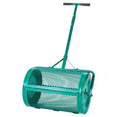 VEVOR front view peat moss spreader showing wide drum for faster coverage